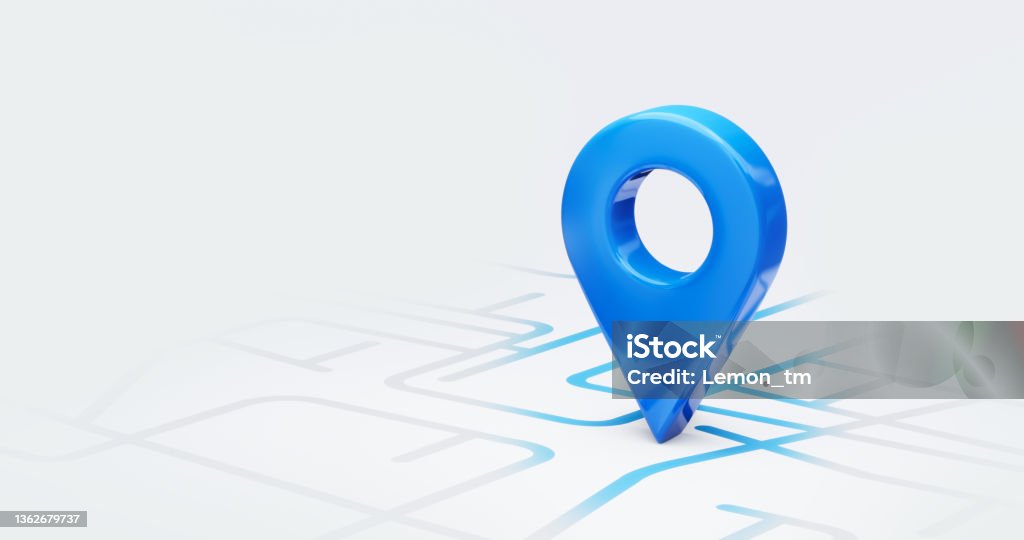 Blue location 3d icon marker or route gps position navigator sign and travel navigation pin road map pointer symbol isolated on white street address background with point direction discovery tracking. Map Stock Photo