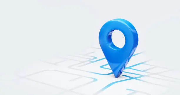 Photo of Blue location 3d icon marker or route gps position navigator sign and travel navigation pin road map pointer symbol isolated on white street address background with point direction discovery tracking.