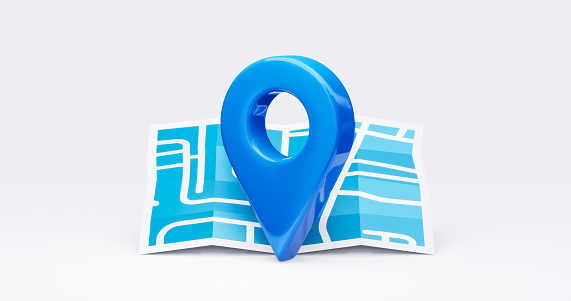 Blue location 3d icon marker or route gps position navigator sign and travel navigation pin road map pointer symbol isolated on white street address background with point direction discovery tracking.