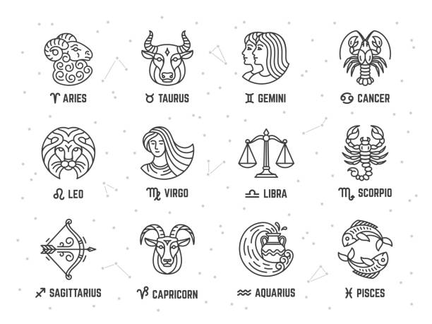 illustrations, cliparts, dessins animés et icônes de signes du zodiaque. signe astrologique et constellation, bélier cancer, balance. symboles de l’horoscope ésotérique. vierge, poissons et verseau isolés ensemble de vecteurs bien rangés - astrologie