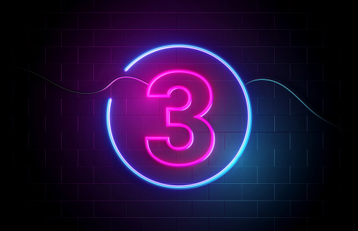 Number 3 neon sign illuminated with blue and purple lights. Marketing And Consumerism Concept.