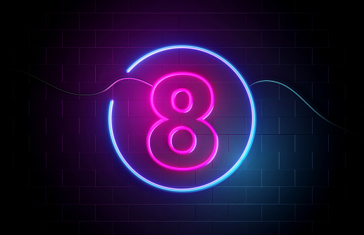 Number 8 neon sign illuminated with blue and purple lights. Marketing And Consumerism Concept.