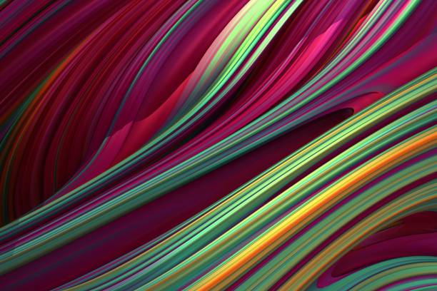 Abstract 3d waves with green, magenta and yellow stripes with shadows. 3d background, 3d rendering.
