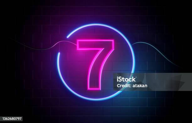 Number 7 Neon Light Sign Stock Photo - Download Image Now - Number 7, Electricity, Abstract