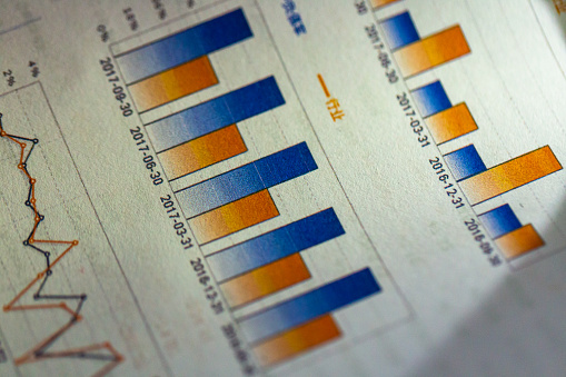 financial data on the paper document illuminated with light