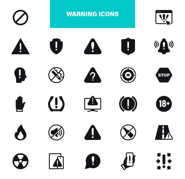 Warning Icons. Contains such icons as Danger, Stop Sign, Computer Virus, Hacker, Error Message, Protection Danger Black Icon Set. Warning Sign, Danger, Alert, Accident, Warning Sign, Security, Error, Attack, Stop, Notification emergency response stock illustrations