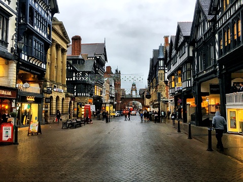 Evening views of Eastgate Street in Chester in winter