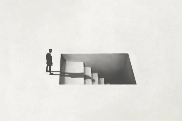 illustration of man getting downstairs, fear of the dark surreal concept illustration of man getting downstairs, fear of the dark surreal concept depression land feature stock illustrations