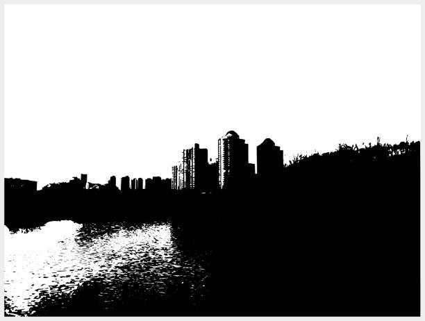 istock black and white woodcut style nature scene,building with river 1362685035