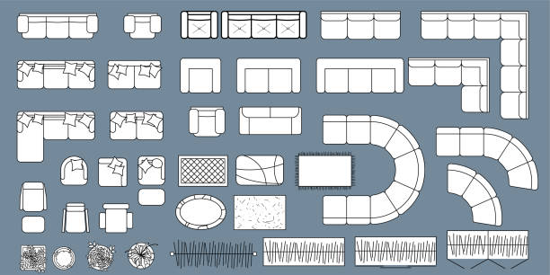 Top view of set furniture elements outline symbol for house, office, apartment, living room. Interior icon chair, plants, table, carpet and sofa. Furniture icon set for interior design. Vector Top view of set furniture elements outline symbol for house, office, apartment, living room. Interior icon chair, plants, table, carpet and sofa. Furniture icon set for interior design. Vector armchair stock illustrations