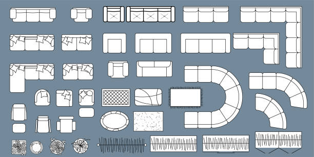 top view of set furniture elements outline symbol for house, office, apartment, living room. interior icon chair, plants, table, carpet and sofa. furniture icon set for interior design. vector - couch 幅插畫檔、美工圖案、卡通及圖標