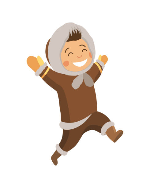 Polar eskimo character. Indigenous children wearing traditional warm clothes. Kid running. Traditional ethnic character Polar eskimo character. Indigenous children wearing traditional warm clothes. Kid running. Traditional ethnic character. siberian flag stock illustrations