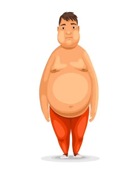 Vector illustration of Weight loss. Man before diet poses. Cartoon funny character on white background. Fat guy before lose weight