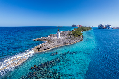 The drone aerial of Nassau Harbour Lighthouse in Paradise Island, Nassau, Bahamas