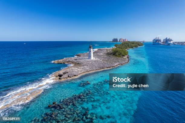 The Drone Aerial Of Nassau Harbour Lighthouse In Paradise Island Nassau Bahamas Stock Photo - Download Image Now