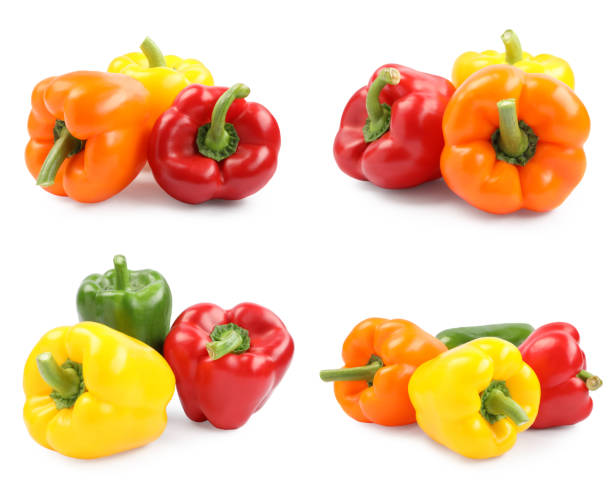 istock Set of different bell peppers on white background 1362689312