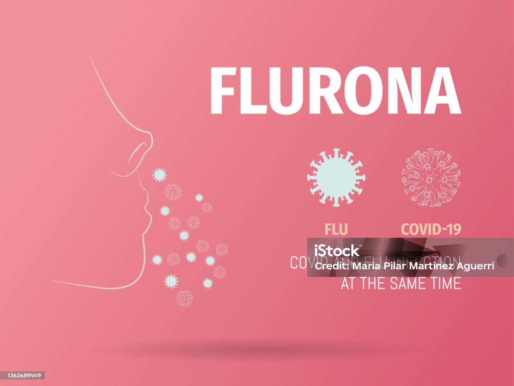 Flurona, simultaneamente contagiosa de influenza e covid-19. - Vetor de Flurona royalty-free