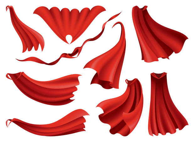 istock Superhero red capes. Scarlet fabric silk cloak in different position, front, side and top view. Carnival masquerade dress, 3d realistic costume design. Flying Mantle costume 1362689704