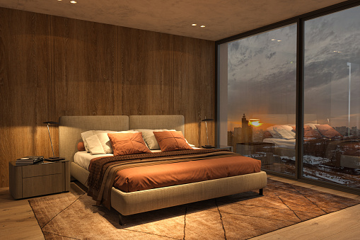 Modern luxury beautiful interior with panoramic windows and winter view. Design bedroom with bright night lighting and sunset. 3d render illustration.