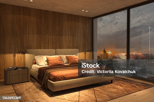 istock Modern luxury beautiful interior with panoramic windows. Design bedroom with bright night lighting and sunset. 3d render illustration. 1362692369