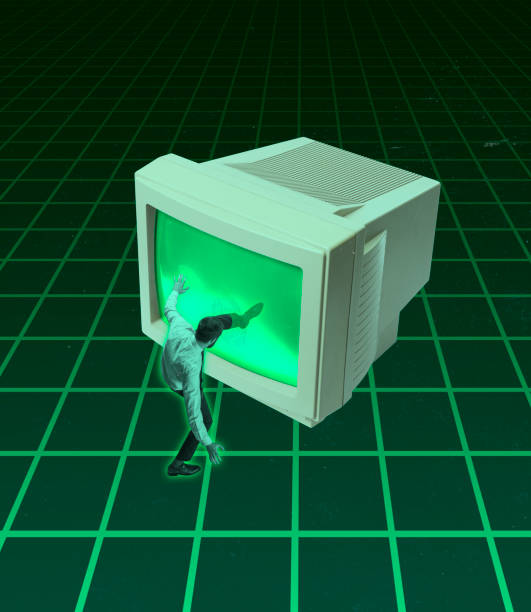 istock Creative artwork. Contemprary art collage of man getting in retro computer sreen isolated over green background in neon 1362692523