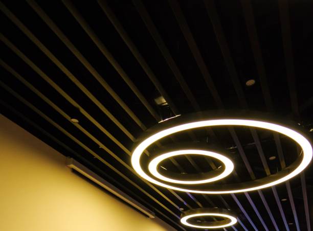 Black metal stripes ceiling and round shape led lamps