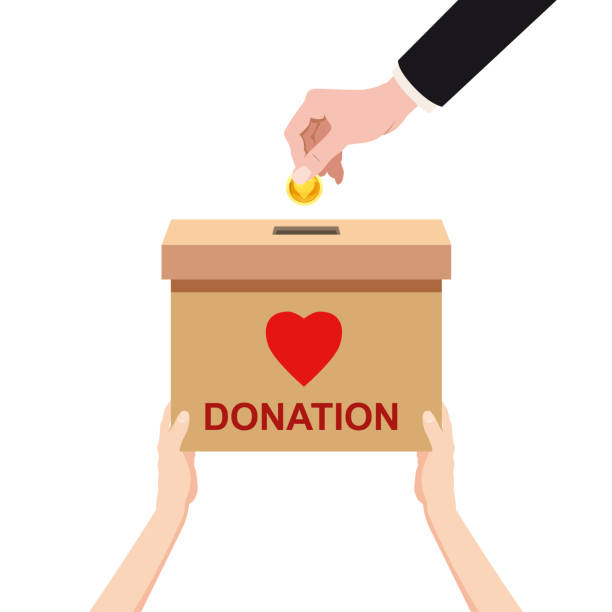 Hand hold Donation Box with hed heart, money. Depositing in a paper container with text banner donation. Vector illustration Hand hold Donation Box with hed heart, money. Depositing in a paper container with text banner donation. Vector illustration isolated cartoon style hed stock illustrations