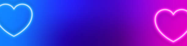 istock Festive bright neon background. Realistic hanging neon hearts on colorful wall background. Valentines Day horizontal banner. 1362696228