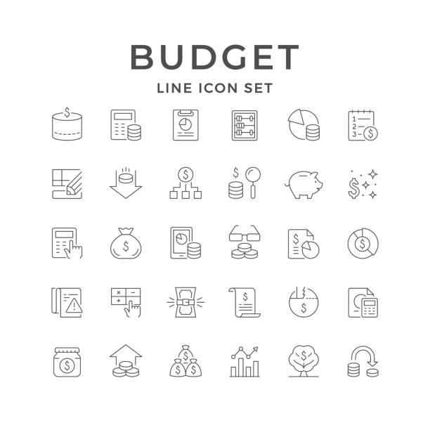 festlegen von linienumrisssymbolen des budgets - spreadsheet table banking wealth stock-grafiken, -clipart, -cartoons und -symbole