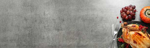 istock Tasty turkey served on grey table, top view with space for text. Banner design 1362697409
