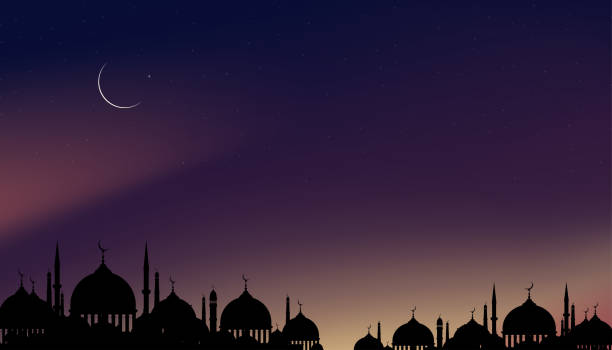 eid mubarak card, silhouette dome mosques at night with crescent moon, dark blue sky,vector banner background for islamic religions ,eid al-adha, eid al-fitr, happy muharram, islamic new year - mevlid kandili stock illustrations