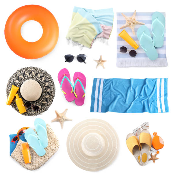 istock Set of beach objects on white background, top view 1362699226
