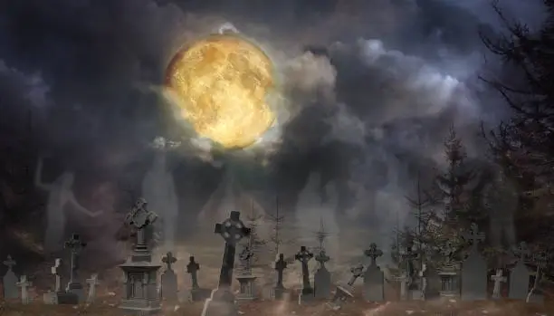 Ghosts rising from their graves with creepy headstones at old cemetery on Halloween