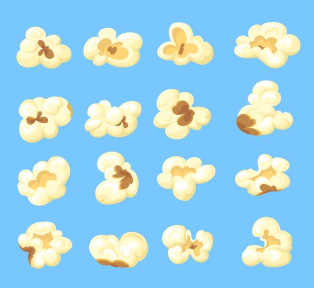 ilustraciones, imágenes clip art, dibujos animados e iconos de stock de granos de dibujos animados palomitas de maíz. maíz pop salado de grano, maíz dulce de caramelo en cubo para película, bocadillos de cine, conjunto de iconos individuales aislados de fondo, ilustración vectorial ordenada - popcorn