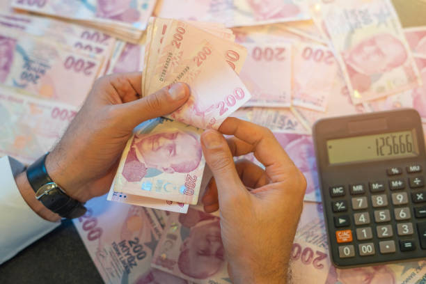 unrecognizable person counting turkish banknotes - türk lirası stok fotoğraflar ve resimler