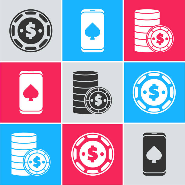 setzen sie casino-chip mit dollar, online-poker-tischspiel und casino-chip mit dollar-symbol. vektor - gambling chip gambling internet isolated stock-grafiken, -clipart, -cartoons und -symbole