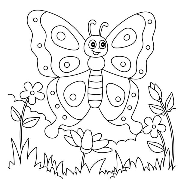 Butterfly Coloring Page for Kids A cute and funny coloring page of a butterfly farm animal. Provides hours of coloring fun for children. To color, this page is very easy. Suitable for little kids and toddlers. colouring book stock illustrations