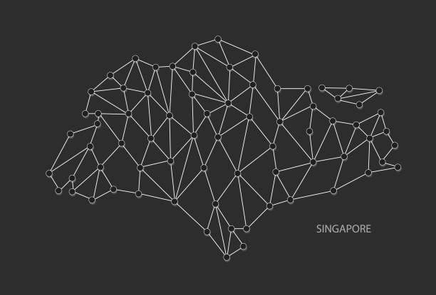 illustrazioni stock, clip art, cartoni animati e icone di tendenza di singapore map point scala su sfondo nero. wire frame rete poligonale linea bianca, punto e punto ombra. - silhouette cartography singapore map