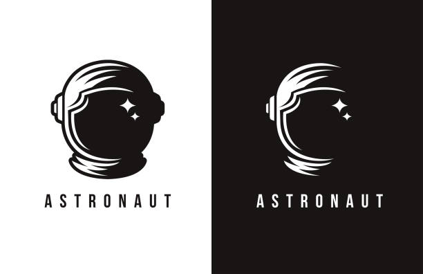 illustrazioni stock, clip art, cartoni animati e icone di tendenza di modello vettoriale icona dell'astronauta in bianco e nero - astronaut space helmet space helmet