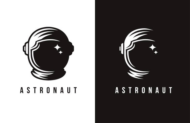 czarno-biały szablon wektorowy ikony logo astronauty - astronaut space helmet space helmet stock illustrations
