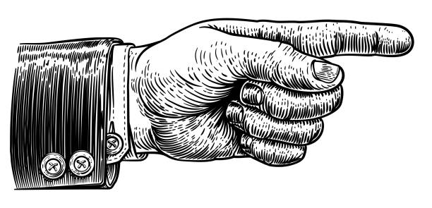 ręczny wskazywanie palcem w garniturze biznesowym - old old fashioned engraved image engraving stock illustrations