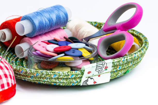 istock Accessories for sewing or home crafts and creativity on white, place for text. 1362705675
