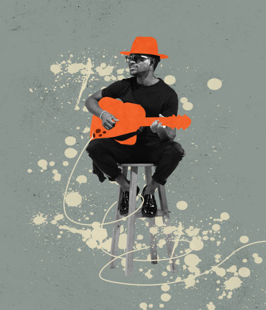 Contemporary art collage. Retro style. Young man, fashionable hipster playing guitar isolated over gray background Contemporary art collage. Retro style. Young man, fashionable hipster playing guitar isolated over gray background. Modern design. Concept of music lifestyle, inspiration, youth, creativity and ad pink guitar stock pictures, royalty-free photos & images