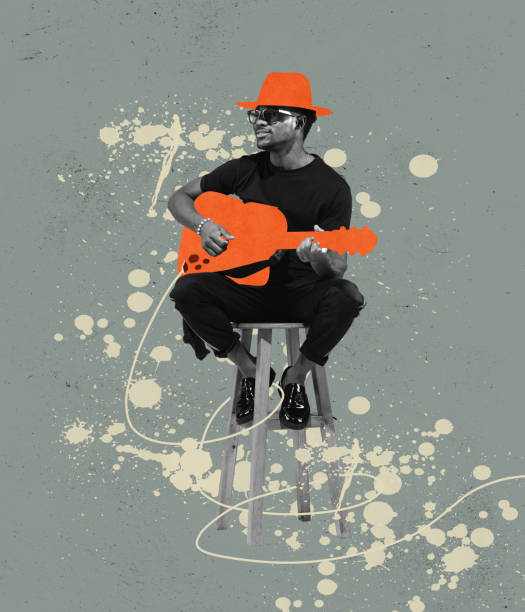 contemporary art collage. retro style. young man, fashionable hipster playing guitar isolated over gray background - músico imagens e fotografias de stock