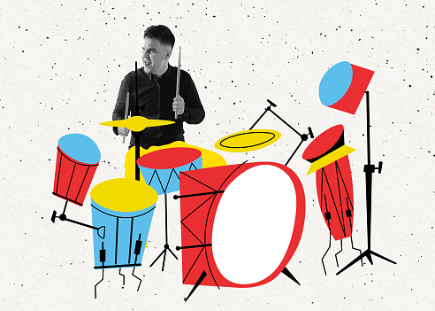 Modern creative artwork, design. Contemporary art collage of young man playing colorful drawn drums isolated over white background. Concept of music lifestyle, creativity, inspiration, imagination, ad