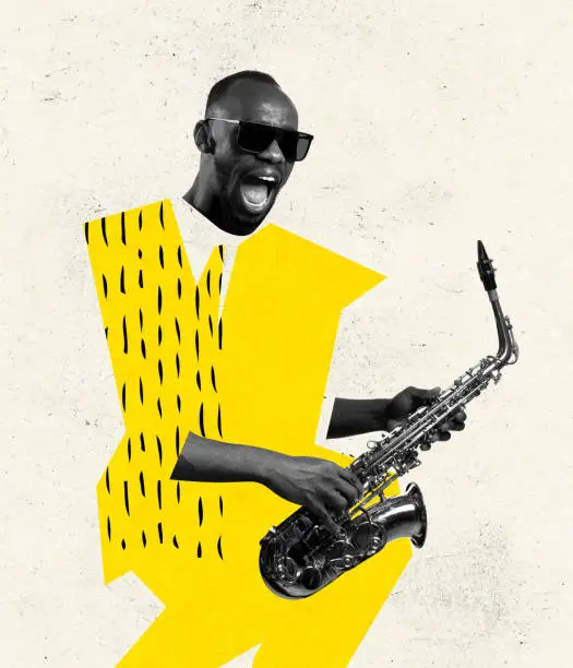 Photo of Creative design. Conteporary art collage of young stylish african man playing saxophone isolated over light background
