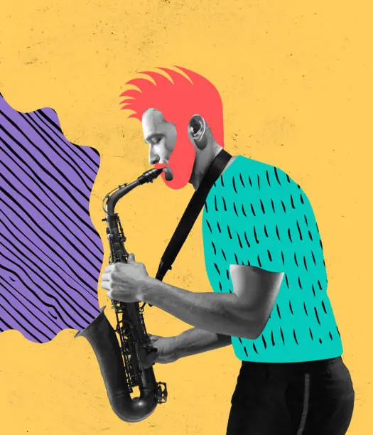 Contemporary art collage. Young man, hipster playing trumpet isolated over yellow background. Modern design. Concept of music lifestyle, creativity, inspiration, imagination, fashion and ad