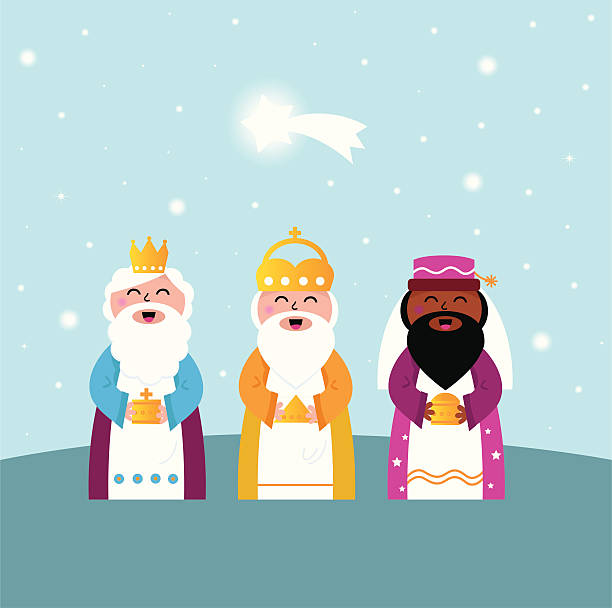 Three wise men bringing gifts to Christ vector art illustration