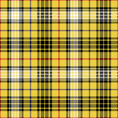 Yellow, red, black and white Scottish tartan plaid pattern, fabric swatch close-up.