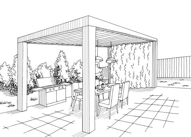 illustrations, cliparts, dessins animés et icônes de gazebo jardin graphique moderne noir blanc architecte paysage croquis illustration vecteur 3 - garden pavilion